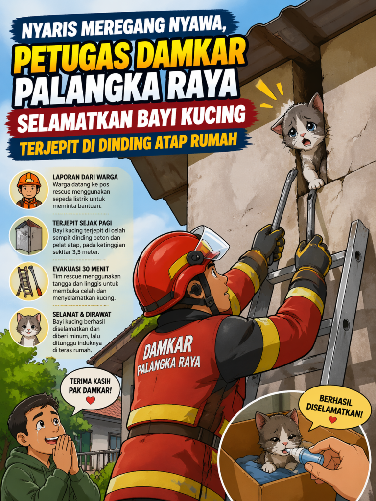 Nyaris Meregang Nyawa, Petugas Damkar Palangka Raya Selamatkan Bayi Kucing Terjepit di Dinding Atap Rumah