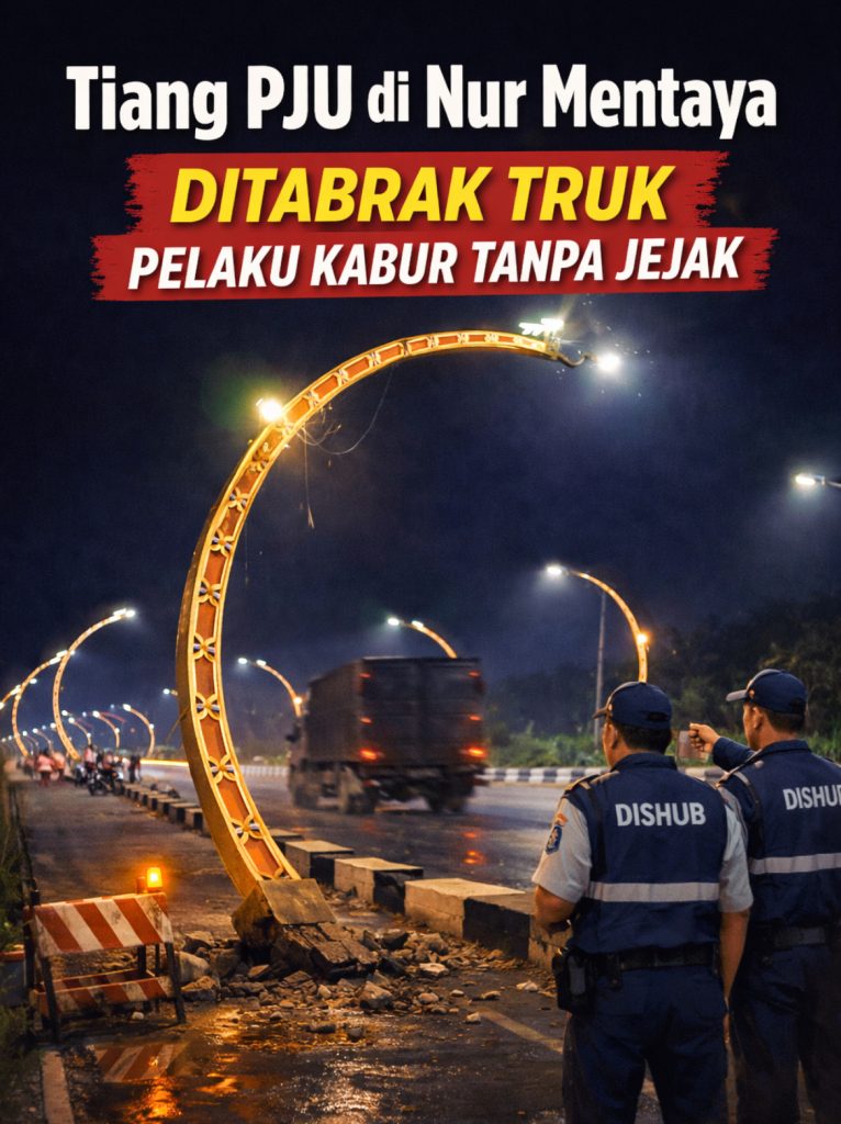 Tiang PJU di Nur Mentaya Ditabrak Truk, Pelaku Kabur Tanpa Jejak