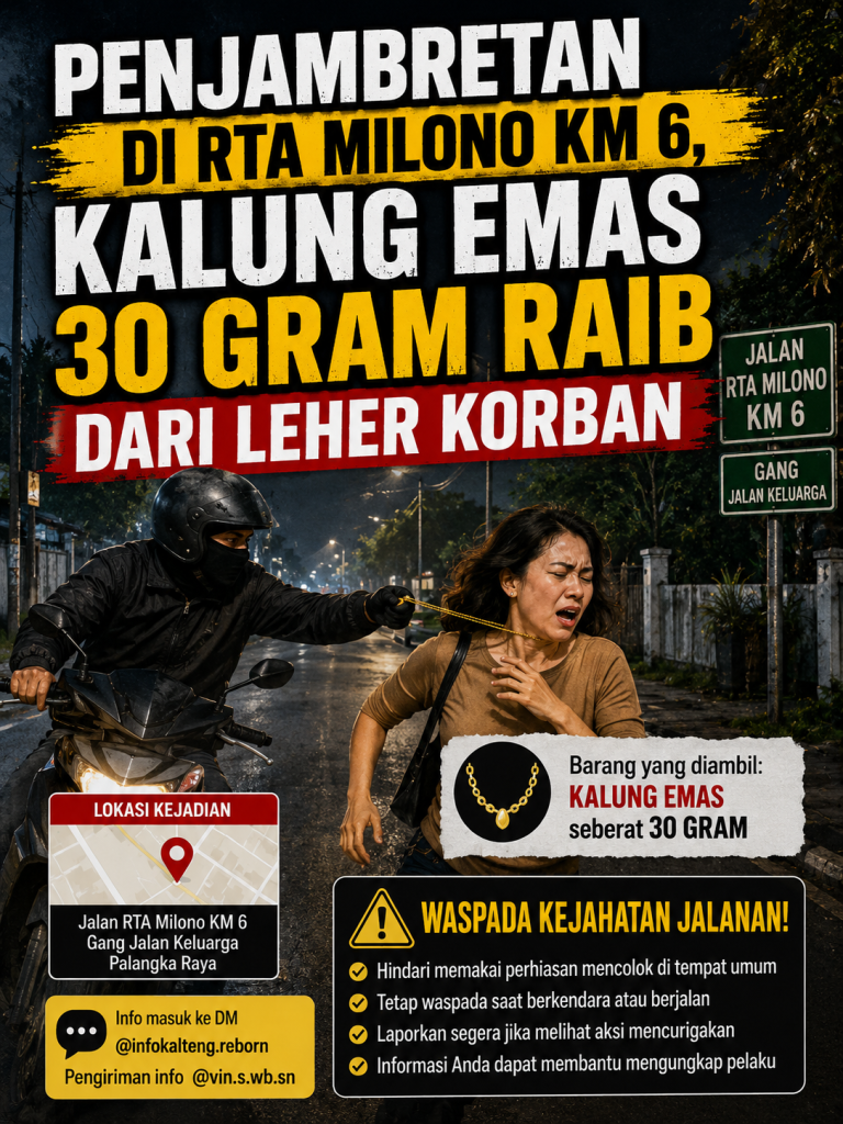 Penjambretan di RTA Milono KM 6, Kalung Emas 30 Gram Raib dari Leher Korban
